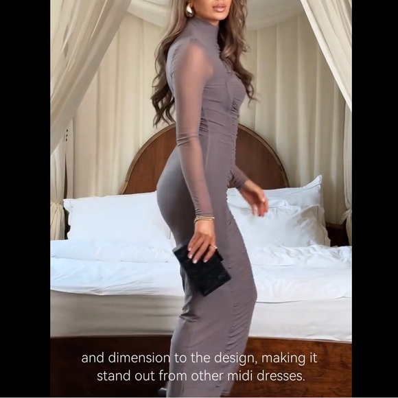 🎉 Captivating Elegant midi dress with mock neck and ruched mesh detailing - Picture 7 of 16